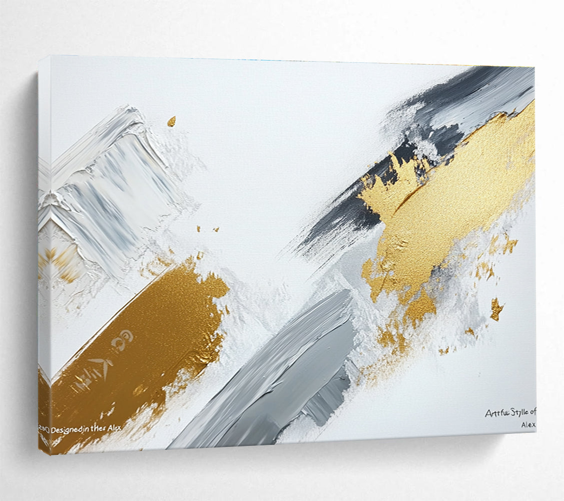 Large abstract painting featuring gray and gold brush strokes on a white background showcasing contemporary artistic creativity and elegance.SC293