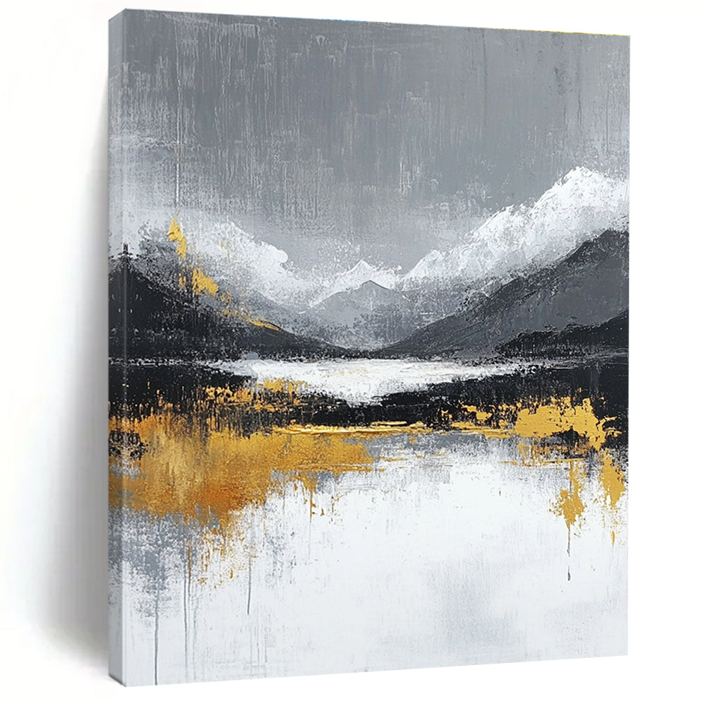 Large abstract painting featuring gray and white background with gold lines evoking tranquility and luxury in a minimalist Chinese landscape style.STSC224