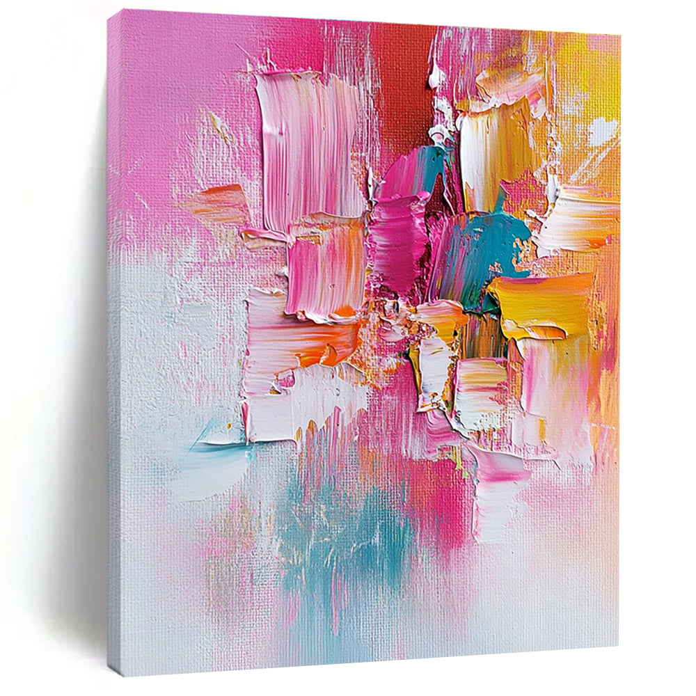 Pink Orange and Teal Abstract Painting with Textured Patches GER487