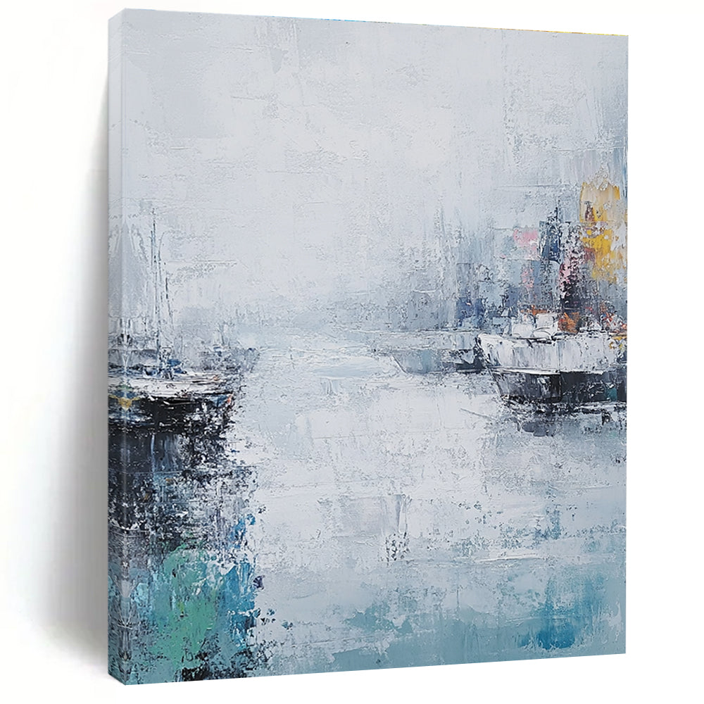Large abstract painting of the sea featuring muted colors thick brush strokes and a vintage coastal cityscape under a foggy sky.STSC199