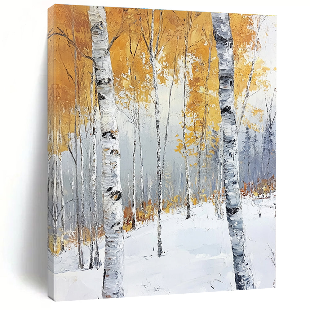 Large abstract painting of birch trees in late autumn with golden leaves against a cool gray background showcasing serene and powerful contrasts.STSC1123