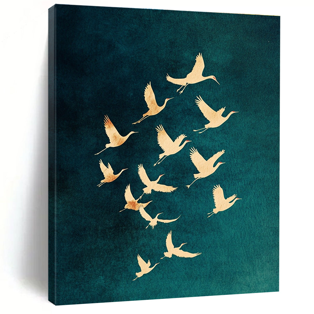 Large abstract painting featuring golden crane silhouettes on a dark blue-green background evoking mystery tranquility and freedom in nature.STSC1305