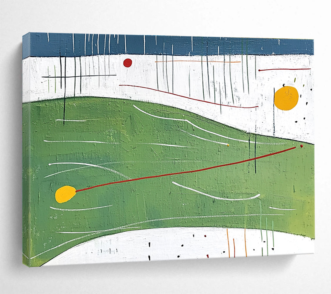 Large abstract painting featuring flat shapes and lines in green with yellow bubbles orange curves and red arrows against a white background and blue sky.SC176