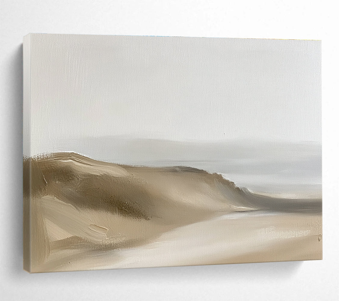 Large abstract painting of minimalist sand dunes in neutral beige and grey tones with thick brush strokes and low-contrast composition.SC598