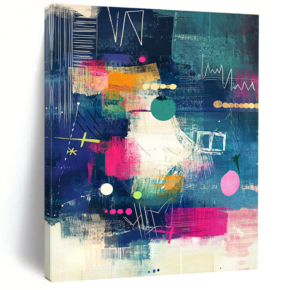 Abstract Art Featuring Playful Patterns and Textures in Blue Pink Green Yellow and Black Ideal for Modern Stationery and Wall Art.STSC966