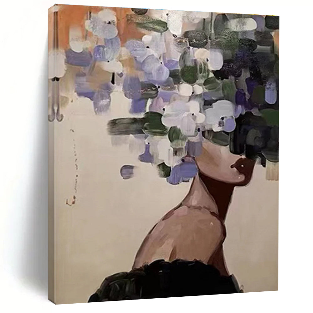 Figure with Flower Head Abstract Painting in Purple and Green ADGE309