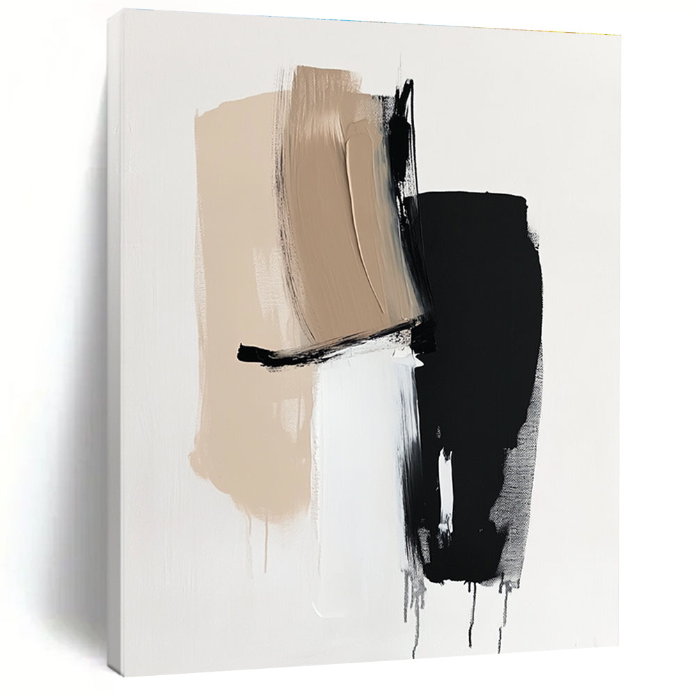 Beige Black and White Abstract Painting with Minimalist Shapes GER632