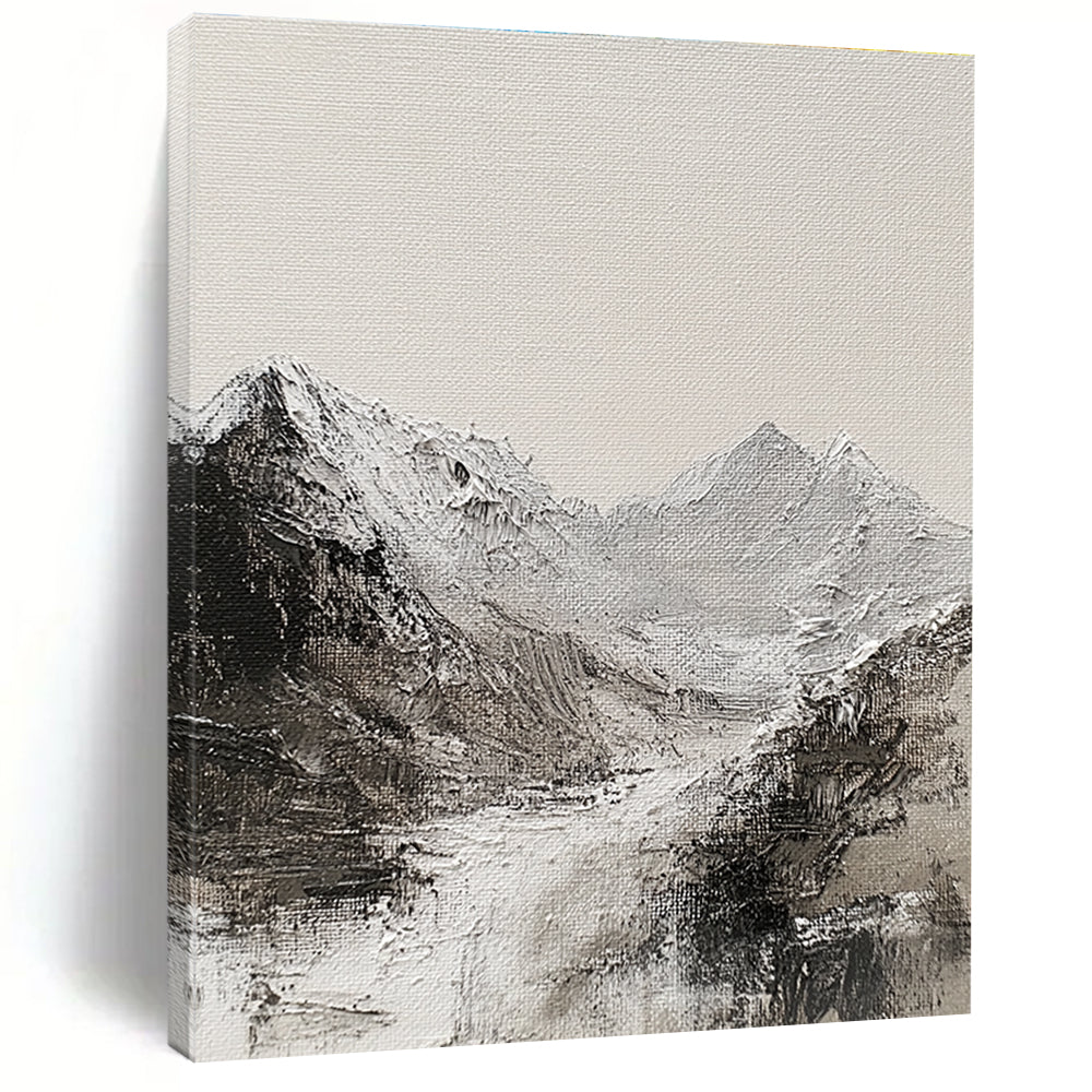 Large abstract painting of the English Lake District mountain range featuring textured canvas monochromatic gray and white oil paint abstract brush strokes.STSC642