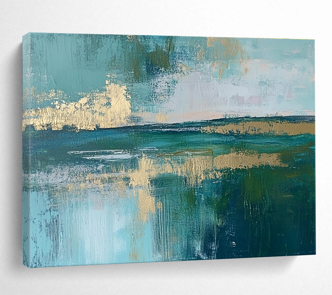 Large abstract painting featuring a serene lake, vibrant green fields, light blue sky, and elegant gold foil accents.SC115