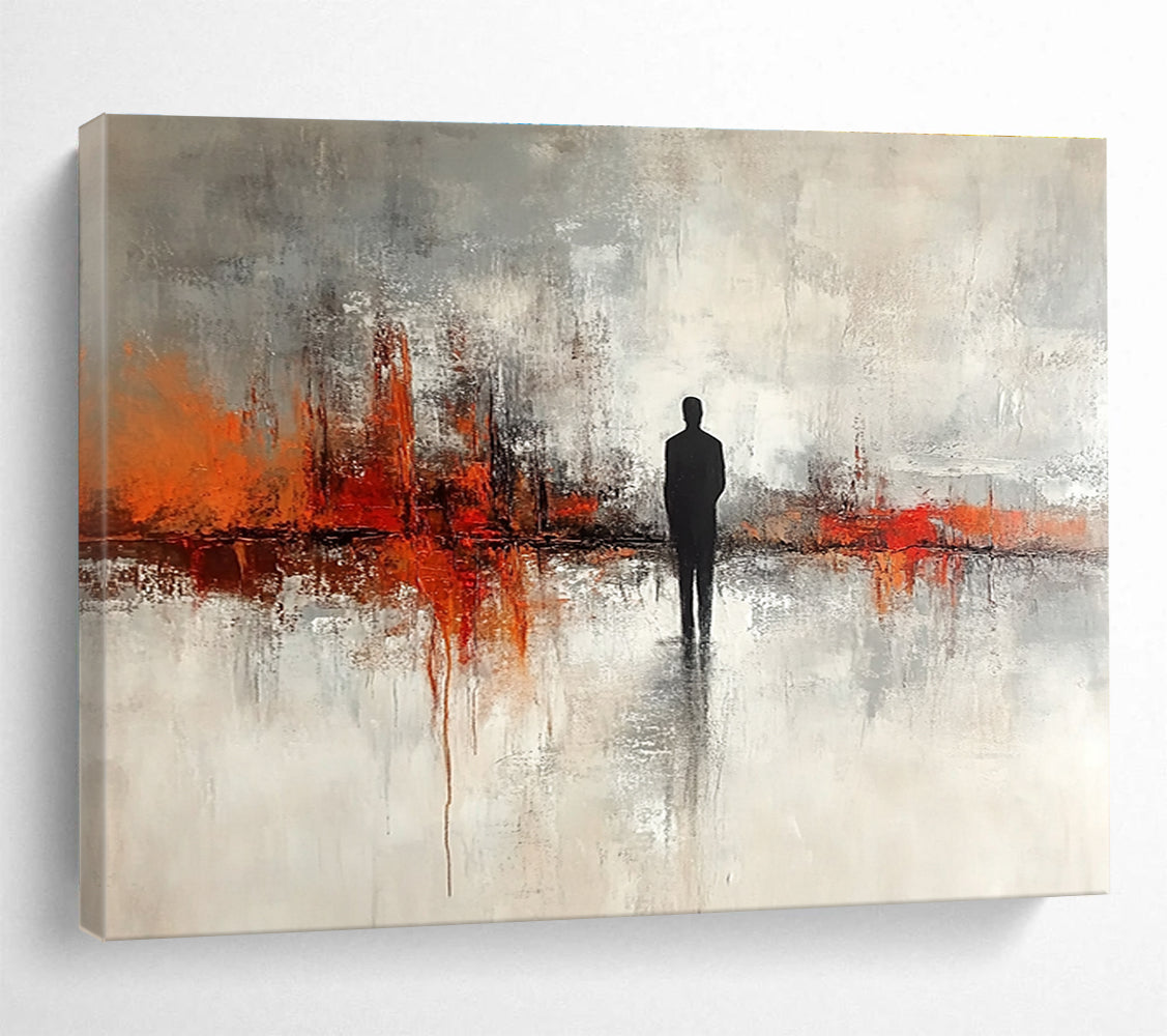 Silhouette in Abstract Landscape Painting with Gray and Orange DYP417