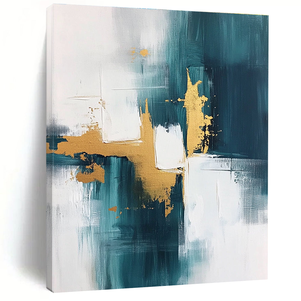 Teal Gold and White Abstract Painting with Modern Flair GER676