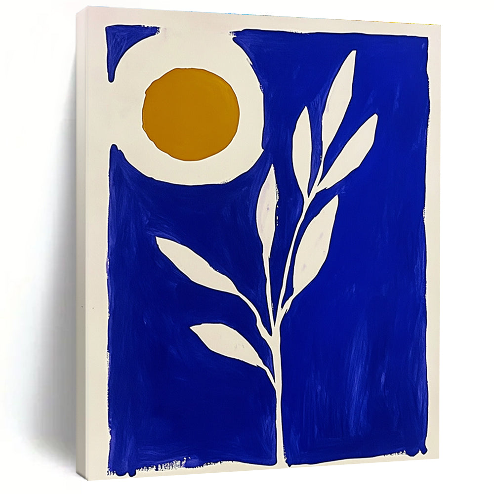 Large abstract painting in blue and white featuring a plant with the sun in a Matisse-inspired block print style.STSC921