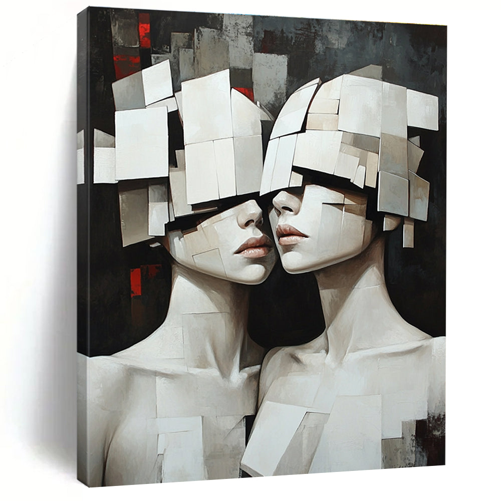 Large abstract oil painting featuring two white humanoid female figures with obscured faces against a dark background, evoking mystery and intrigue.STSC1455