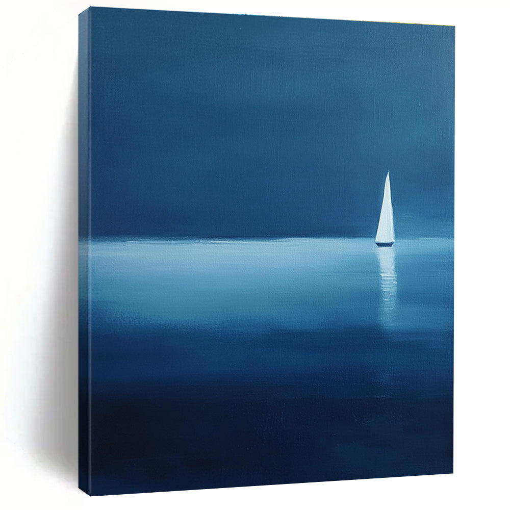 Large abstract painting of a serene sailboat on calm waters using blue and white shades against a dark backdrop evoking tranquility and solitude.STSC1086