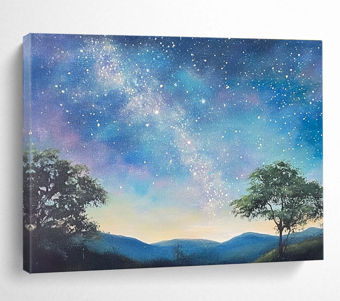 A large abstract painting featuring a serene starry sky with the Milky Way, silhouetted trees on hills, and a fantasy-inspired azure background.SC421