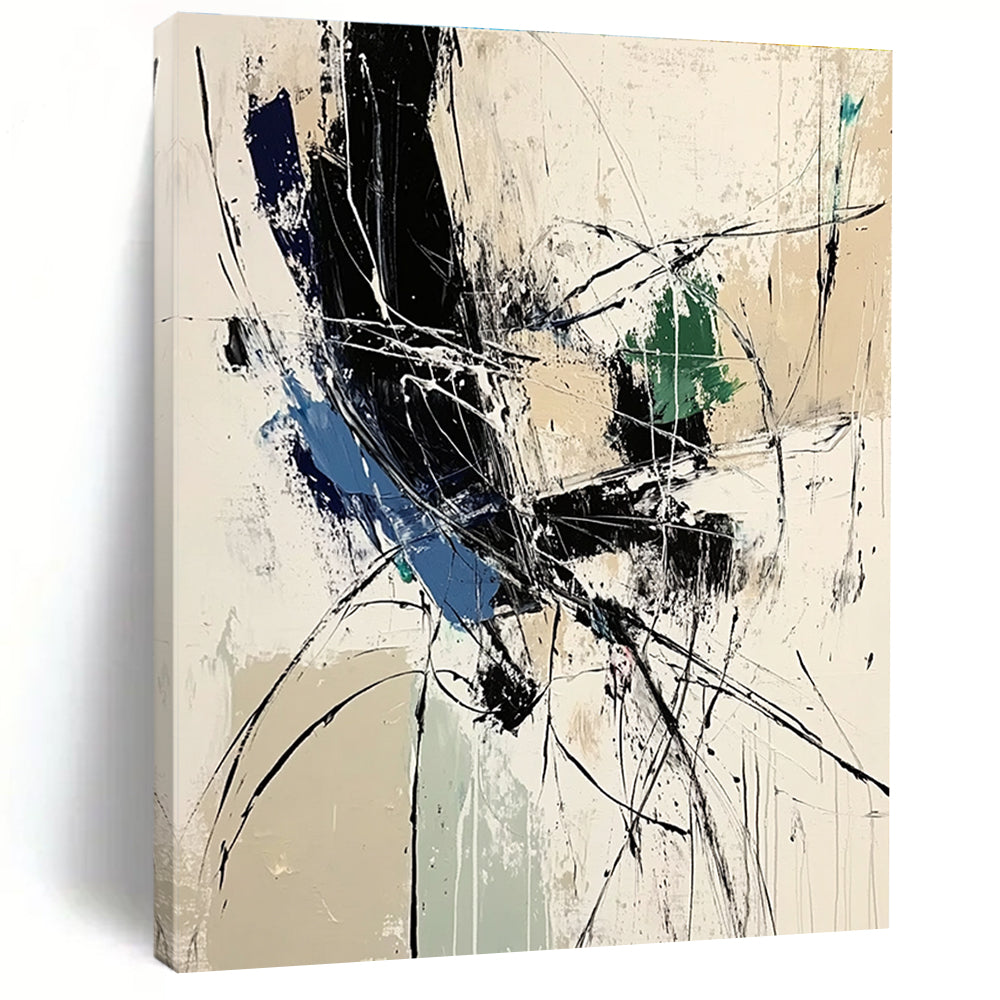 Large abstract painting featuring dynamic lines and organic shapes in white black and blue tones inspired by Zao Wou-Ki.STSC825