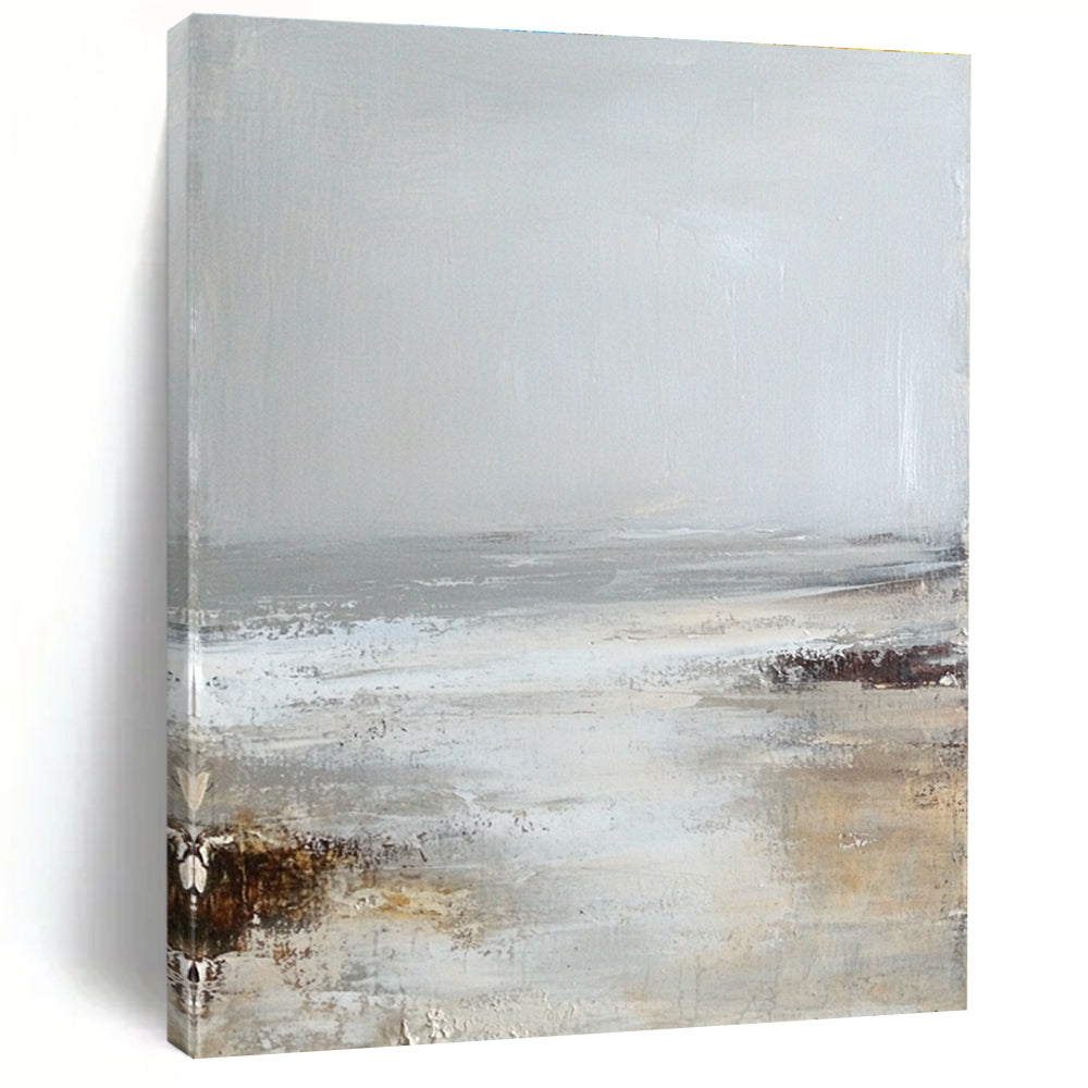 Large abstract painting in soft neutrals of white and gray evokes a calming misty beach atmosphere for serene spaces.STSC232