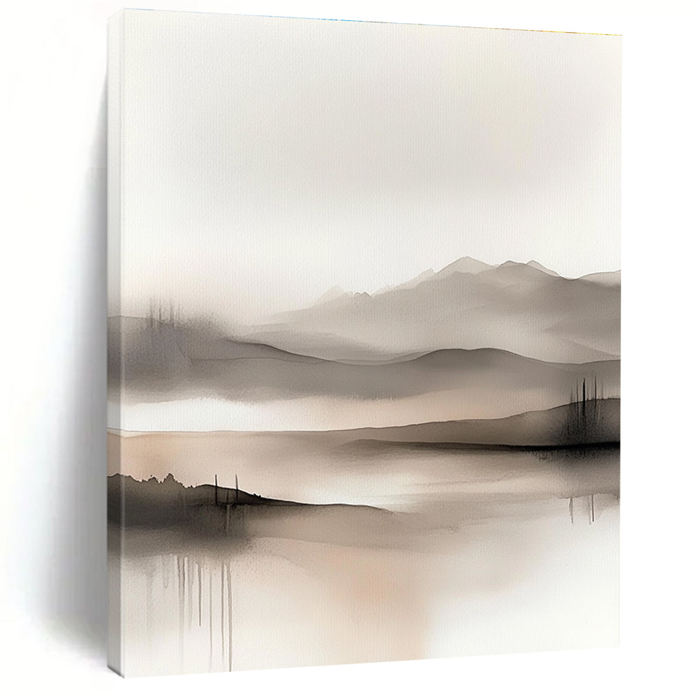 Large abstract watercolor painting featuring soft muted colors of grey beige and white depicting serene hills and foggy mountains for a tranquil atmosphere.STSC504