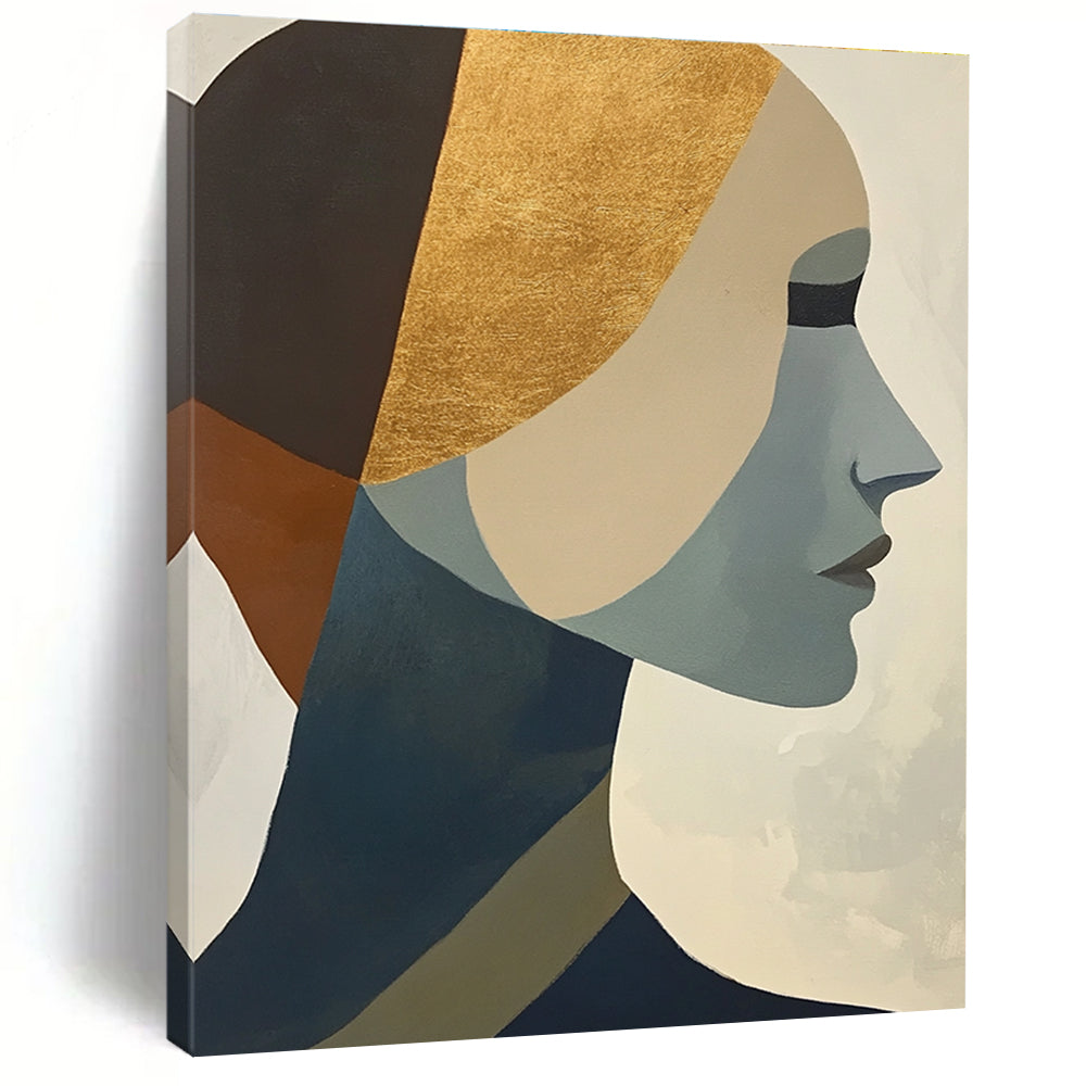 Large abstract painting featuring cubist shapes and lines muted colors gold foil accents and a hint of the female form.STSC692