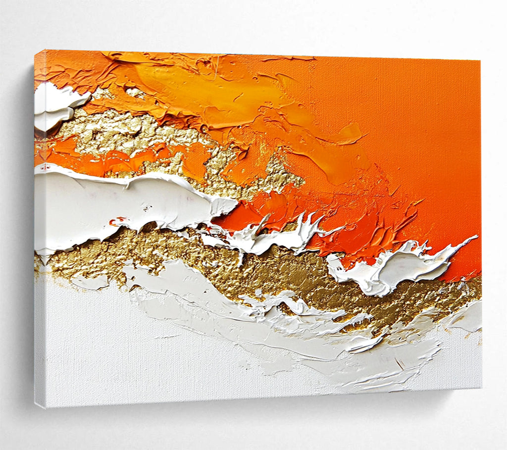 A large abstract painting with layers of orange and white enhanced by gold details and rich texture.SC325