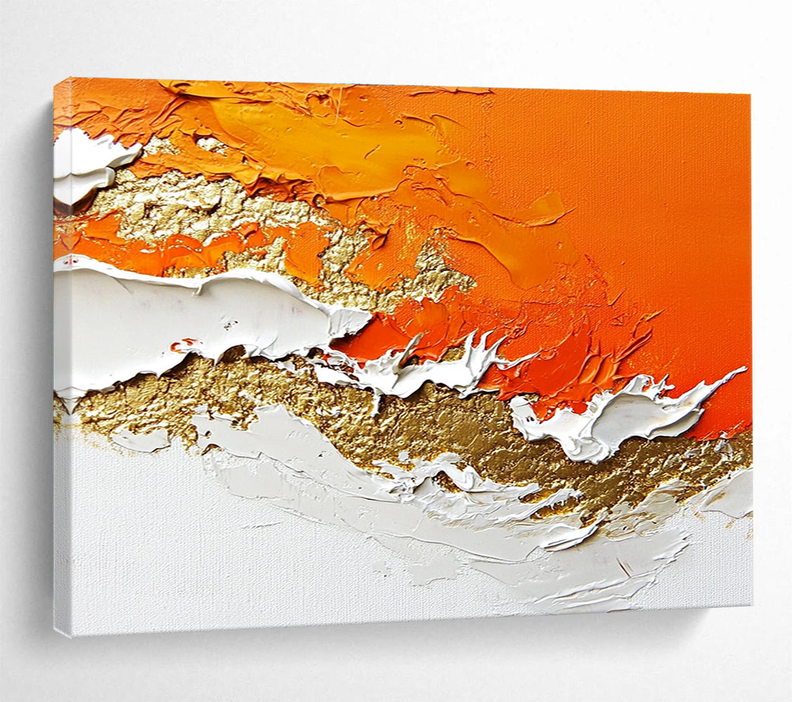 A large abstract painting with layers of orange and white enhanced by gold details and rich texture.SC325