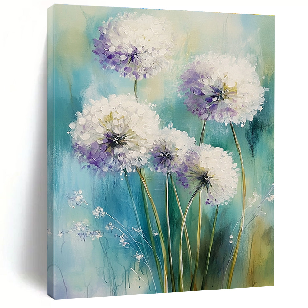 Abstract painting featuring white alliums with light purple accents on a soft greens and blues background, evoking a dreamy spring atmosphere.STSC1468
