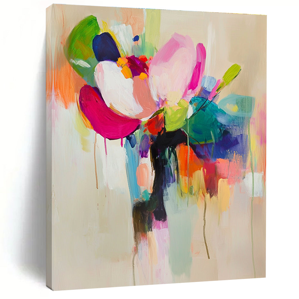 Large abstract painting featuring vibrant colors and soft brushstrokes with a flower in a vase on a light beige background.STSC822