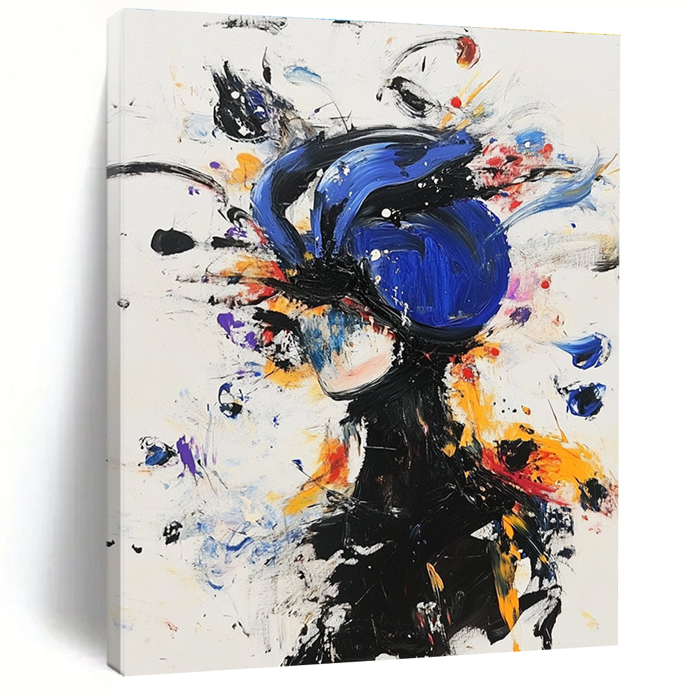 Large abstract painting featuring an anime character in a blue helmet and black outfit surrounded by colorful floating objects and expressive movements.STSC636