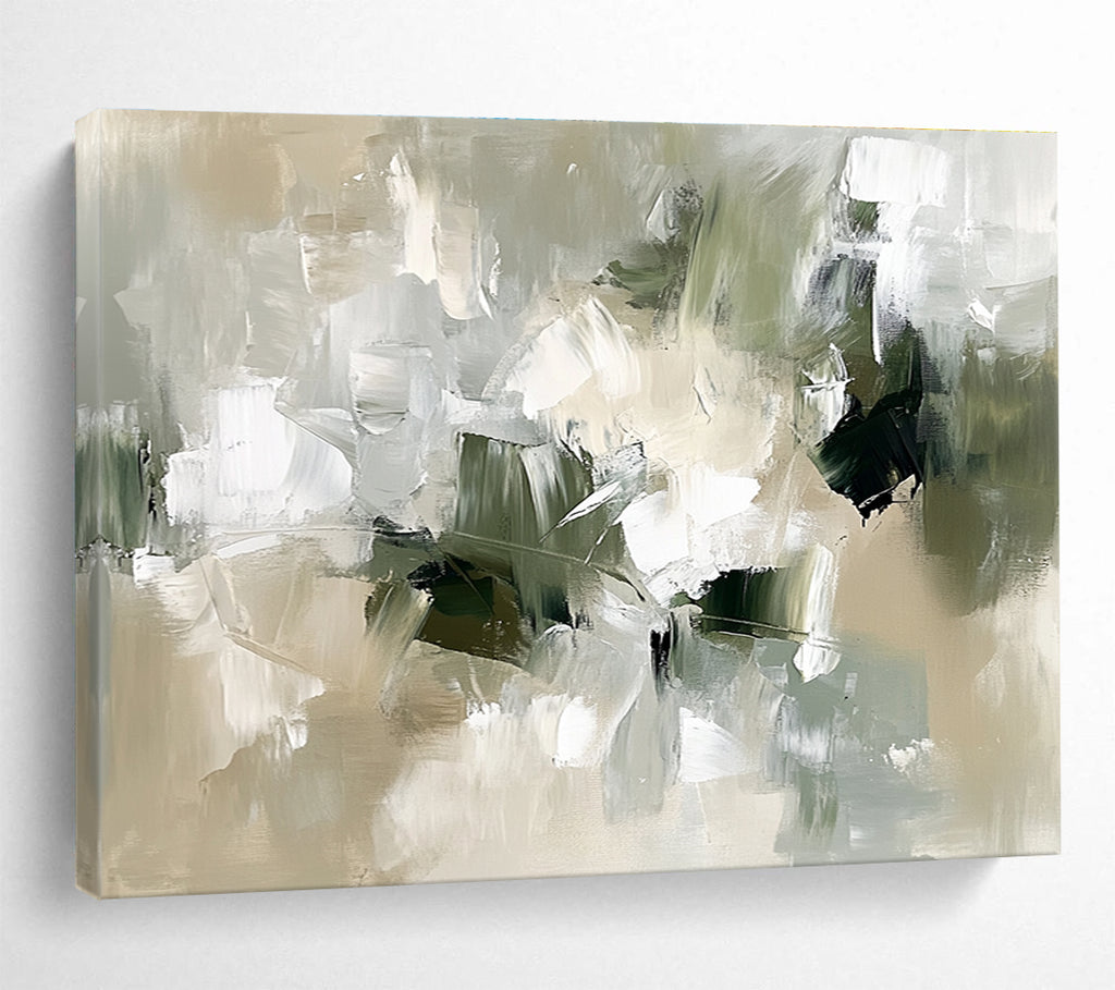 Large abstract painting in neutral colors with green and white thick brush strokes and organic shapes in an impressionistic style.SC351
