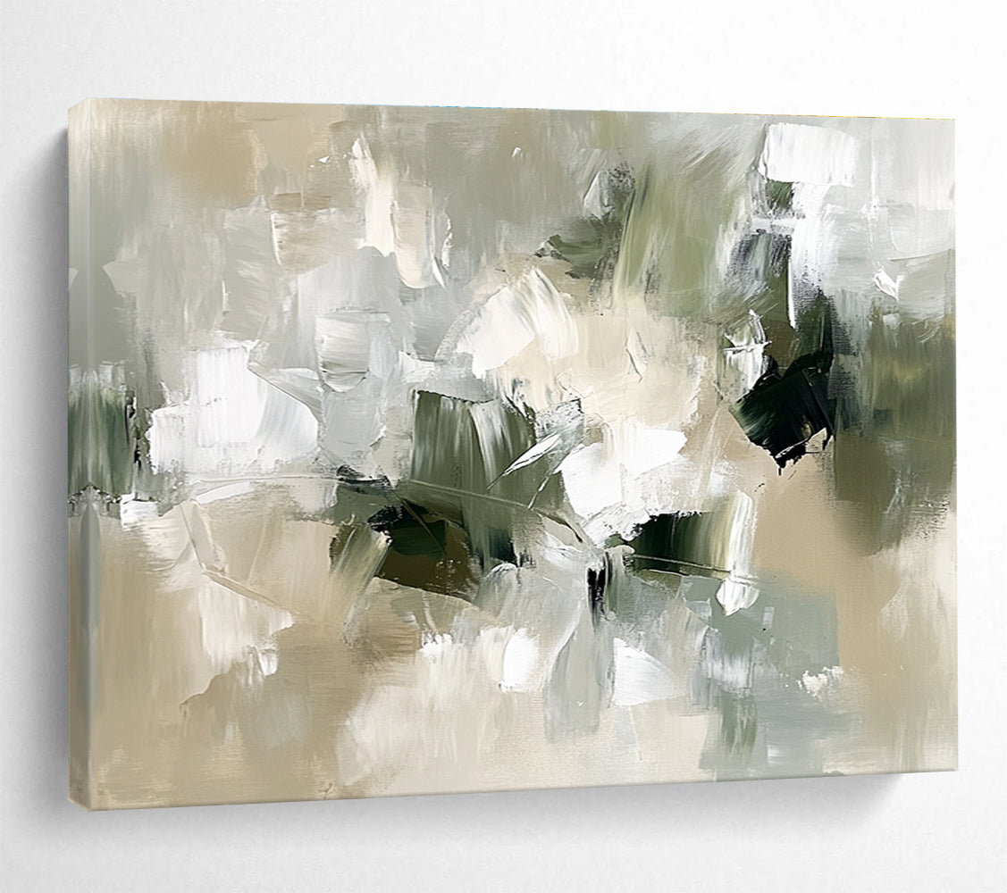 Large abstract painting in neutral colors with green and white thick brush strokes and organic shapes in an impressionistic style.SC351