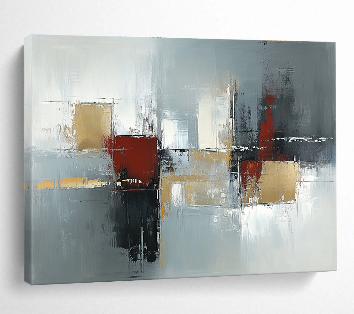 Large abstract painting in neutral tones and grays featuring urban-inspired shapes with depth and texture suitable for modern decor.SC244