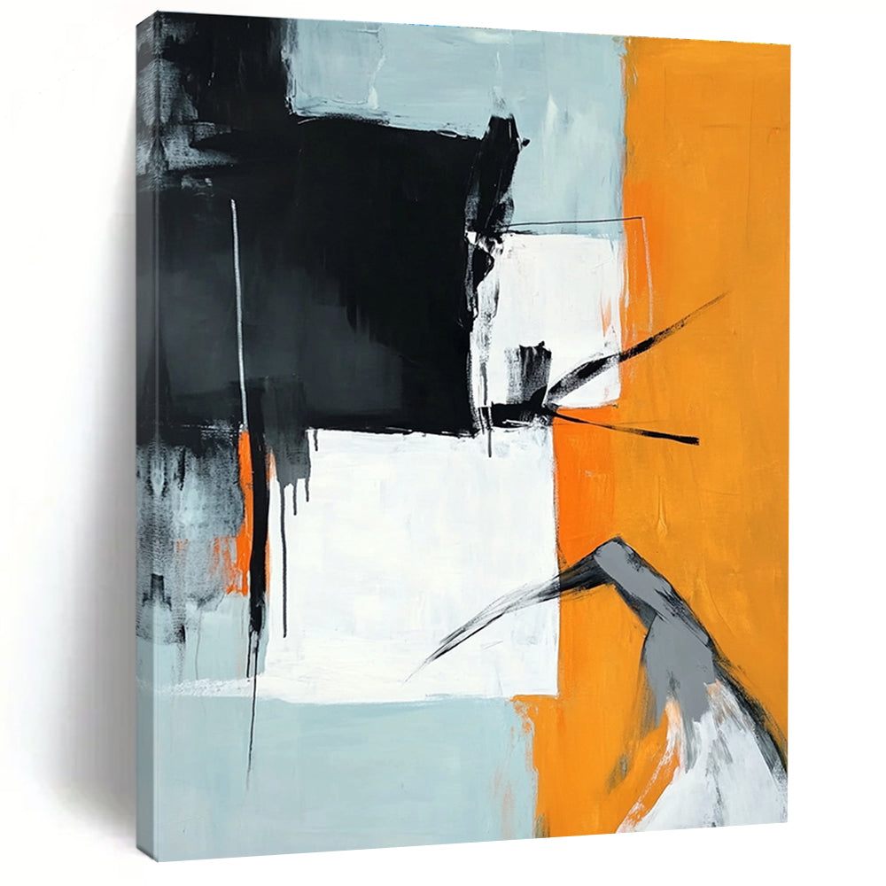 Large abstract painting in orange black and white featuring a grey figure reaching down against a light blue background.STSC725