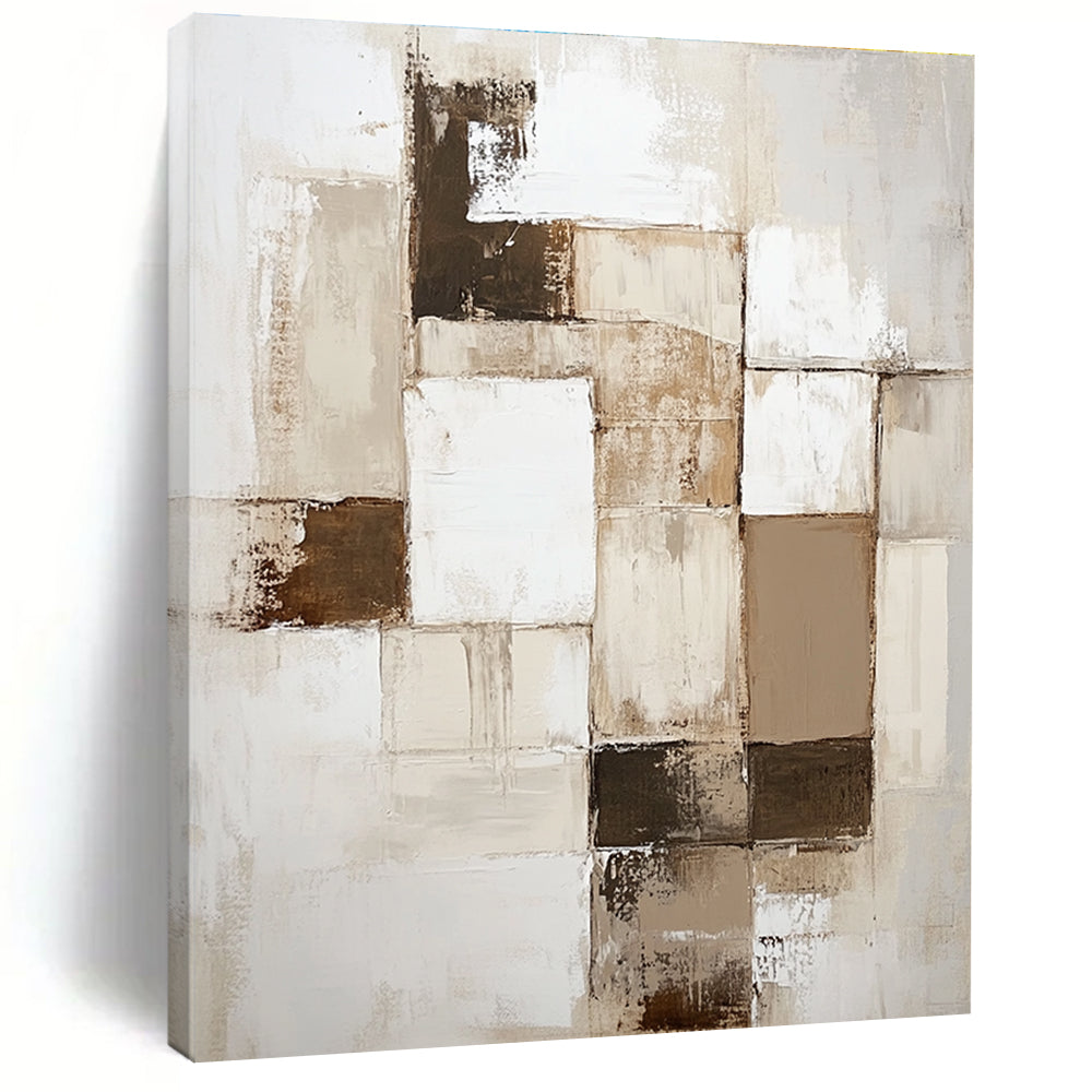 Beige Brown and White Abstract Painting with Patchwork Textures GER635
