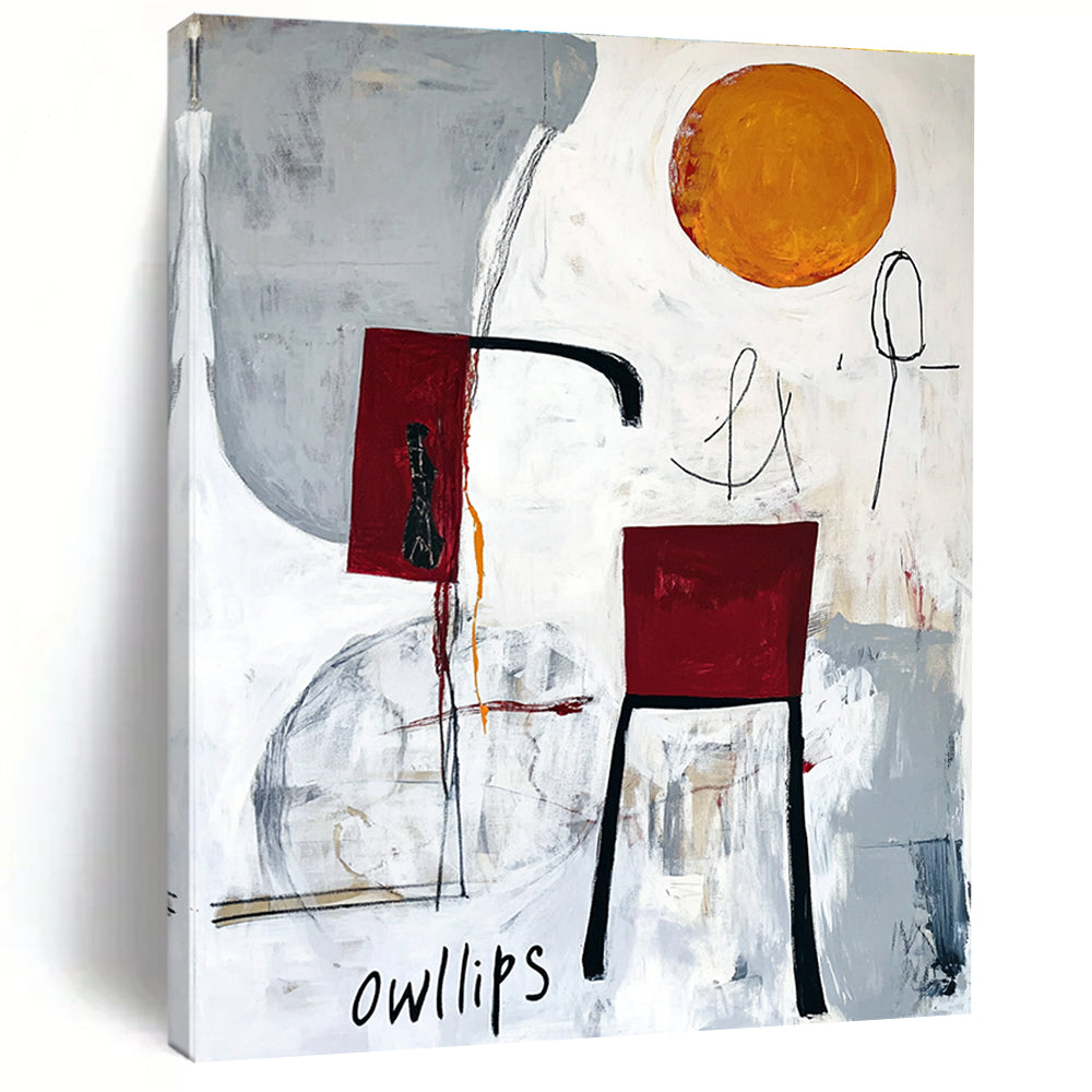 Abstract painting featuring white gray and red with moon chair legs orange circle black ink scribbles and hand drawn Owlips at the bottom.STSC828
