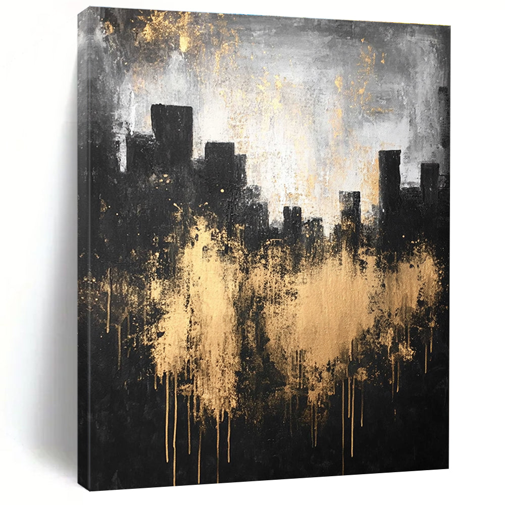 Large abstract painting featuring a city silhouette in dark gray and light gold with textured canvas and atmospheric lighting.STSC216