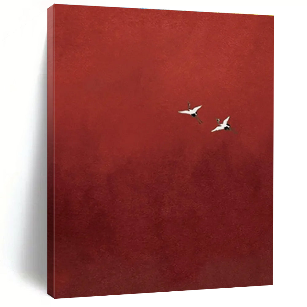 Cranes in Red Sky Abstract Painting with Contrasting Elements ADGE482
