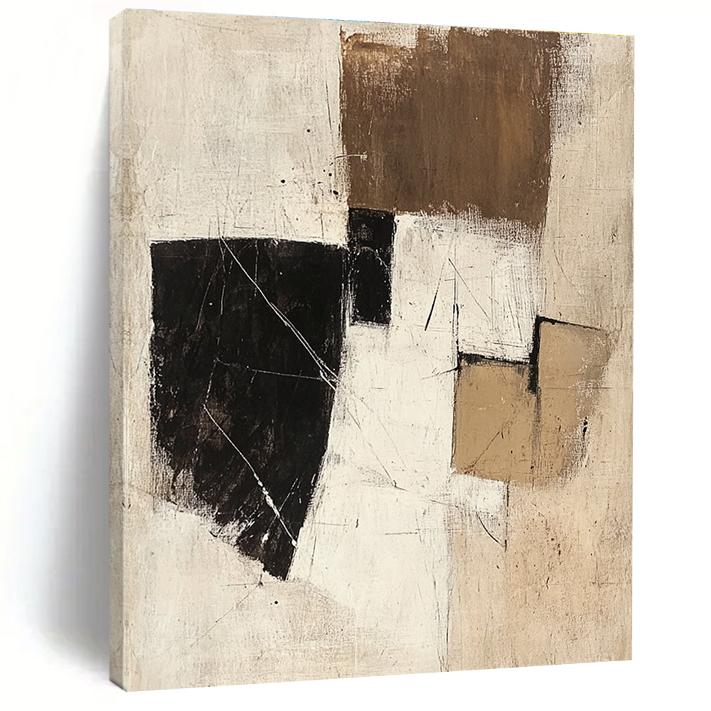 Large abstract painting in beige white and black featuring small brown squares and textured brush strokes evokes calmness and a mysterious spacecraft atmosphere.STSC738