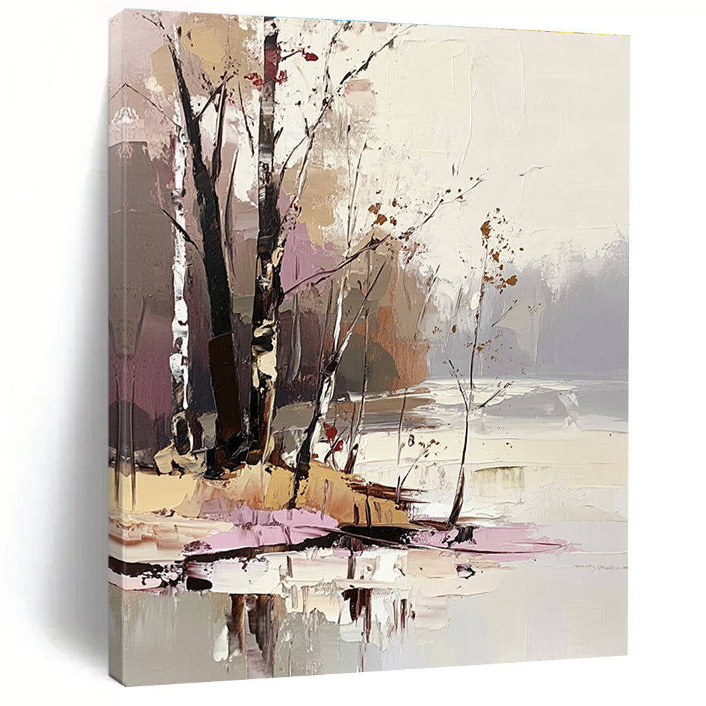 Large abstract painting featuring trees and water in light pink beige brown and gray tones with thick brush strokes and palette knife technique.STSC1396