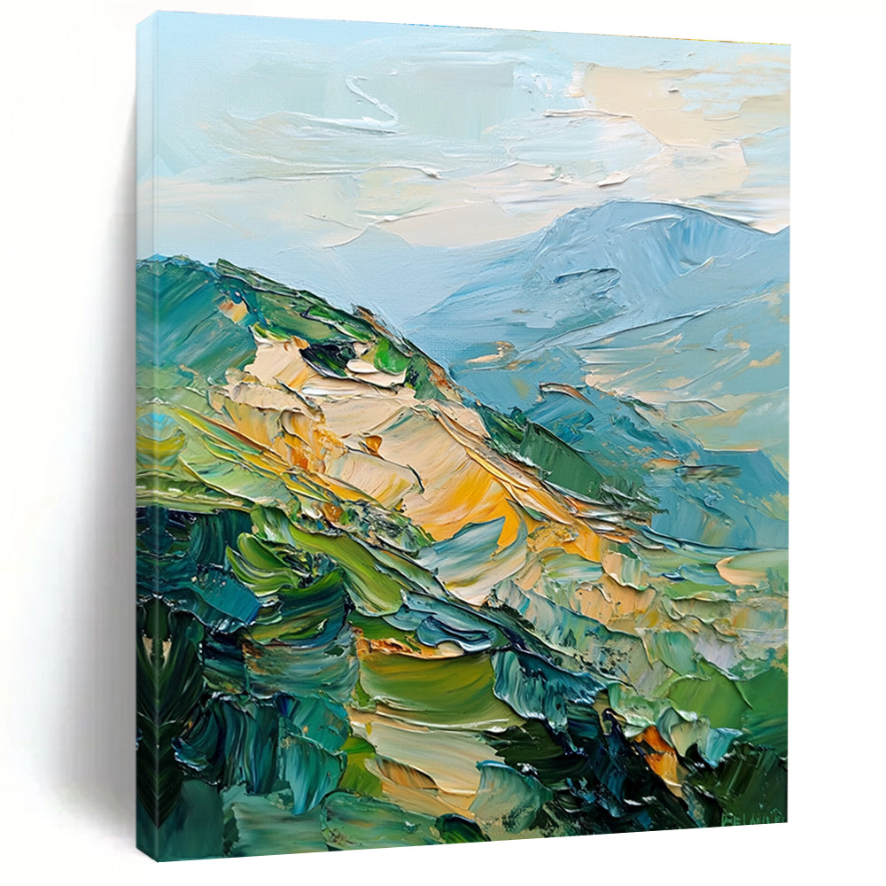 Large abstract painting of mountains featuring palette knife texture and thick brush strokes in a blend of greens blues and golds.STSC192