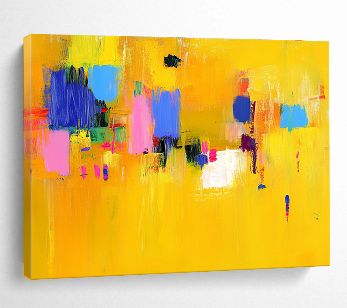 Large abstract painting featuring bold yellow and blue strokes with pink accents dynamic lines and vibrant textures creating an energetic atmosphere.SC147