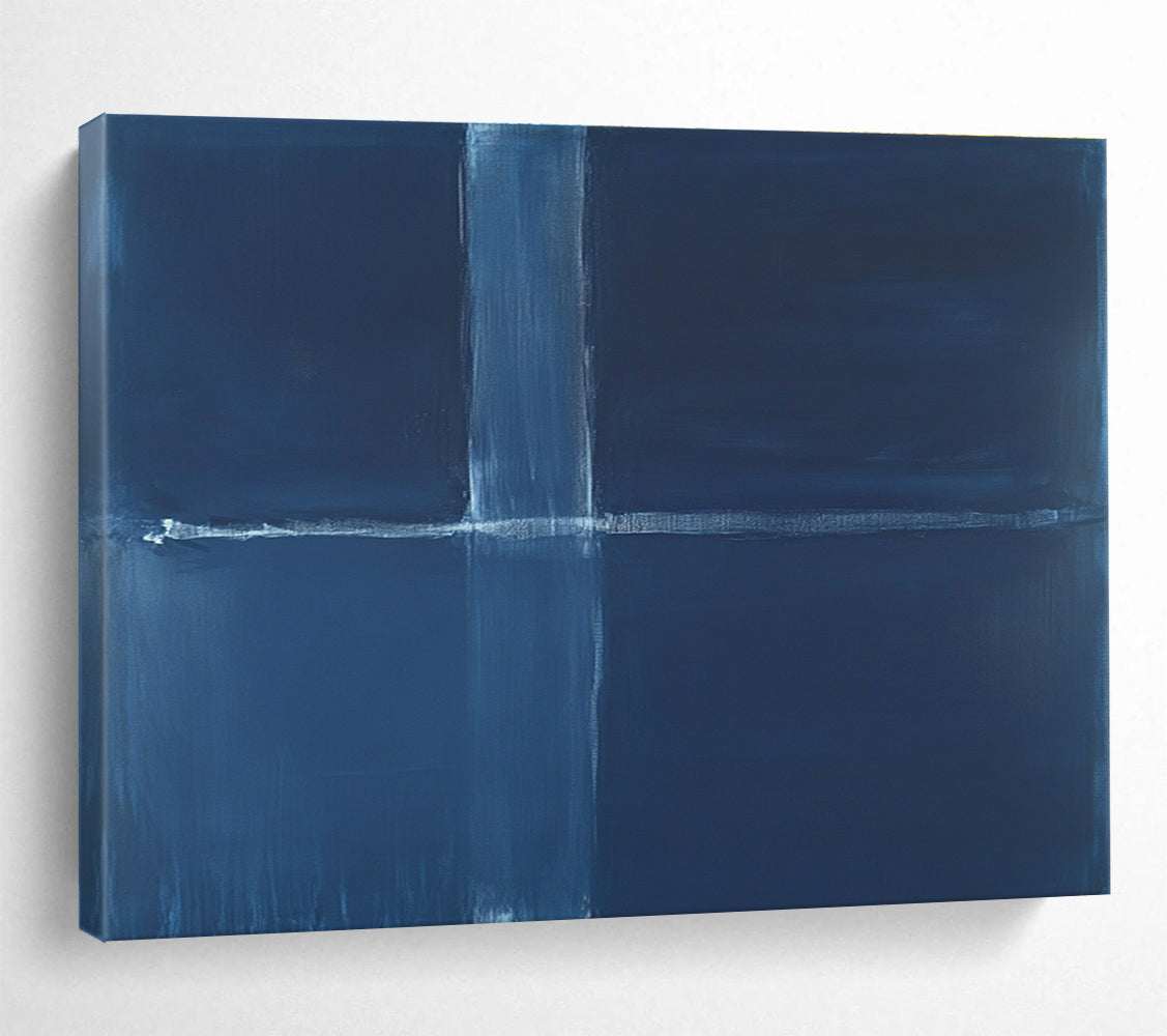 A large abstract painting featuring a deep blue background with a thin straight line and a thick wavy line in the center.SC515