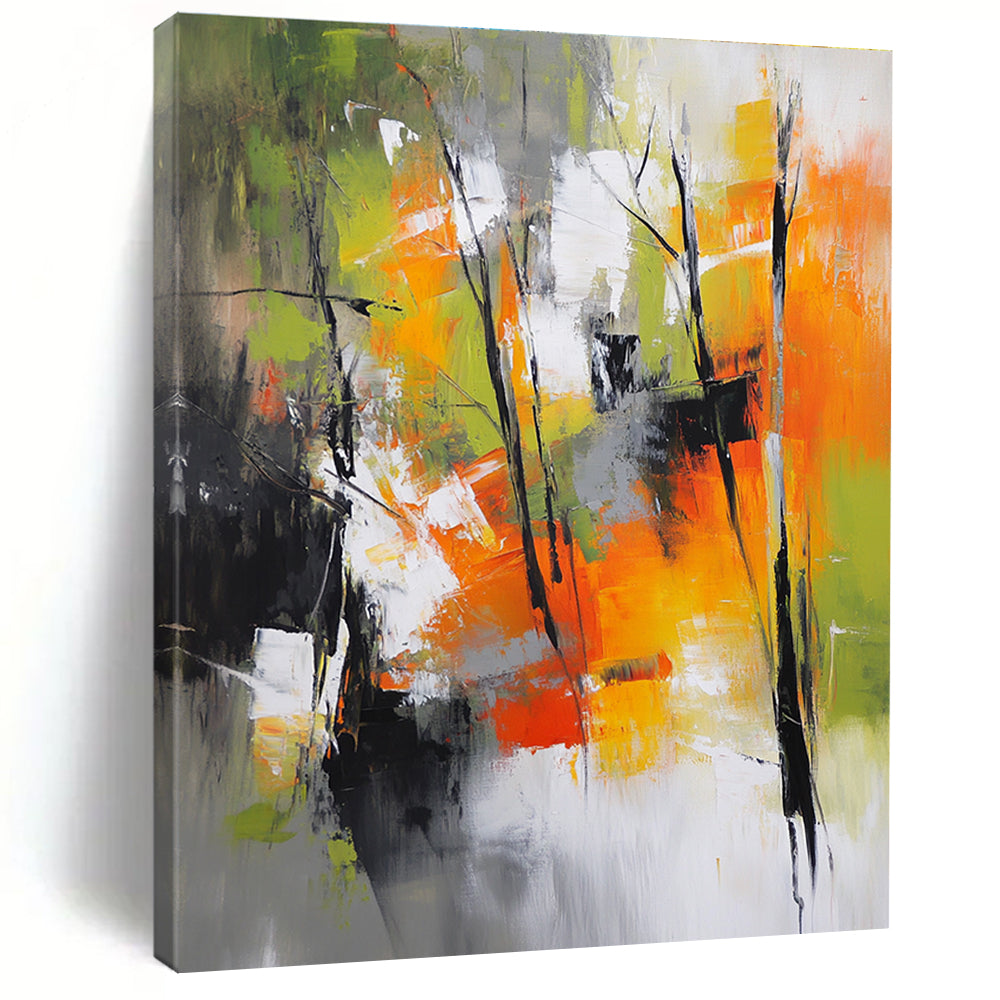 Abstract painting featuring a vibrant autumn forest with green yellow and red hues set against a backdrop of gray white and orange colors.STSC759