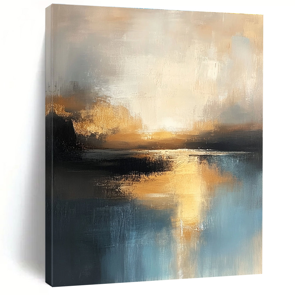 Large abstract oil painting of the sea in muted light blue and dark beige hues capturing the golden hour with textured brushstrokes and reflective water.STSC198
