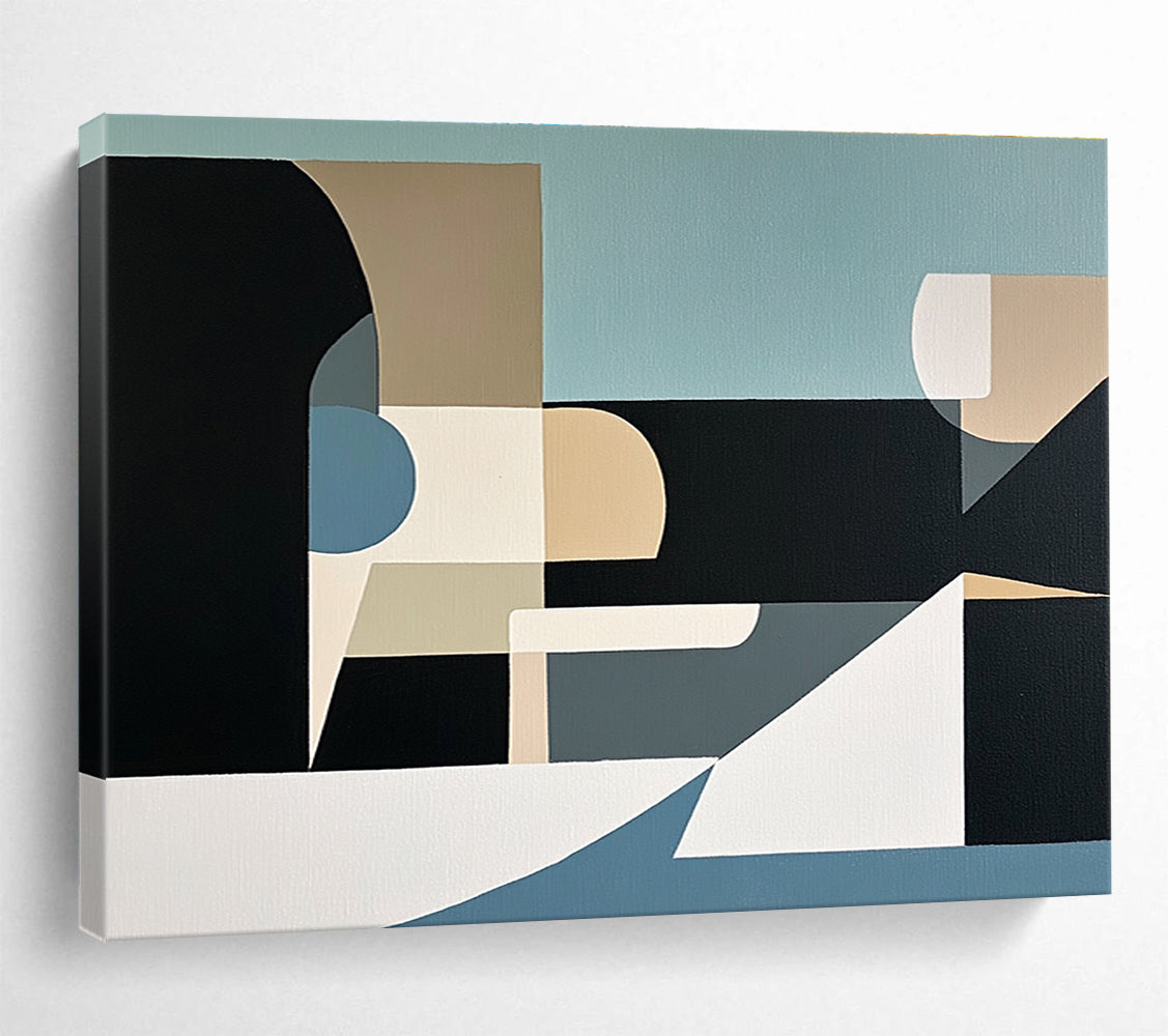 An abstract painting featuring geometric shapes and organic forms in muted tones of light blue black grey beige and white.SC512