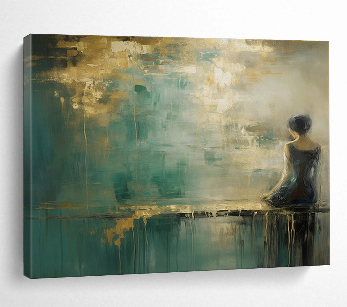Teal and Gold Tones Figure - in - Landscape Abstract Painting THY086