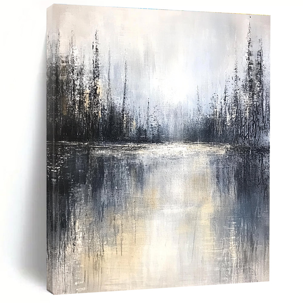 Large abstract painting featuring a misty forest and lake with muted tones soft edges and tranquil atmosphere creating emotional depth.STSC083
