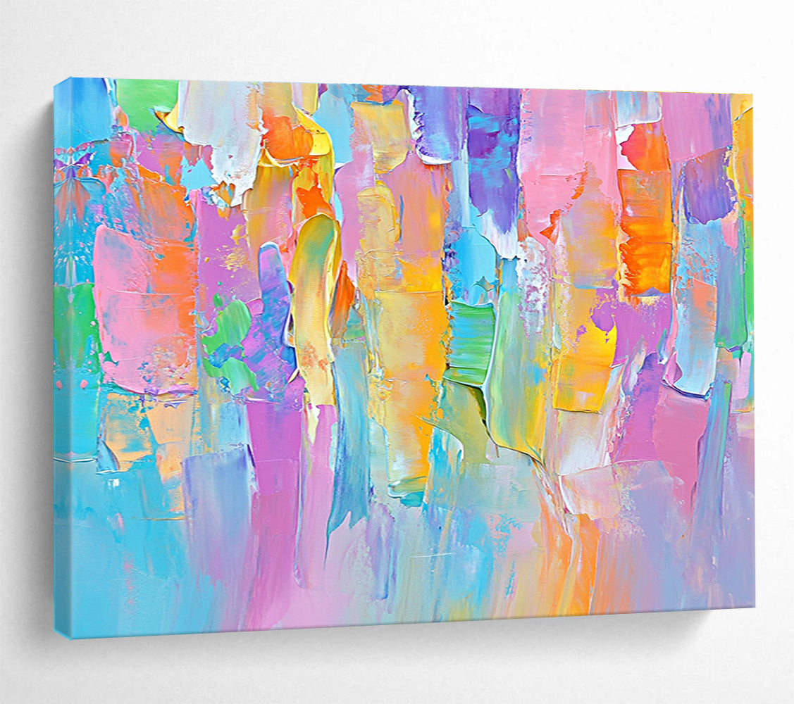 Large abstract painting featuring soft pastels and bold lines, evoking springtime joy with vibrant colors and playful brushstrokes.SC185