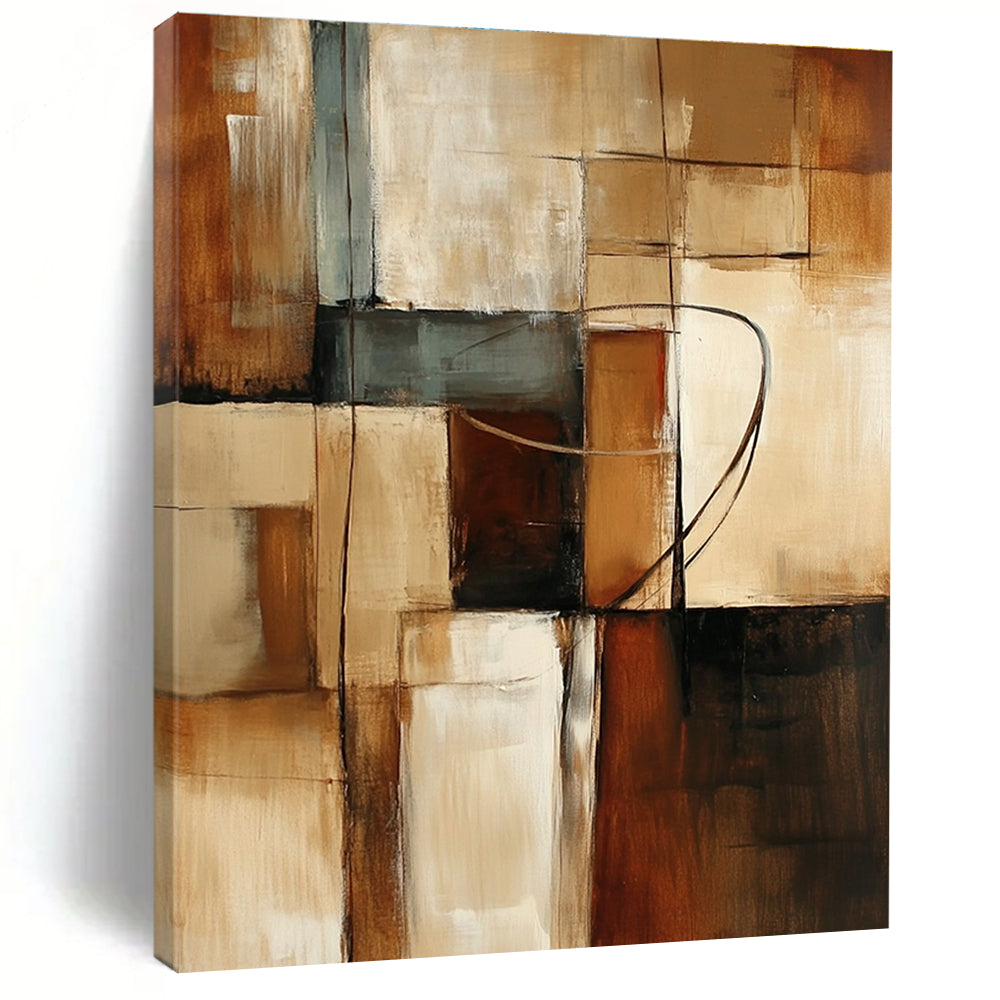 Large abstract painting featuring earthy tones and geometric shapes with textured brush strokes creating a calm and dynamic atmosphere.STSC751