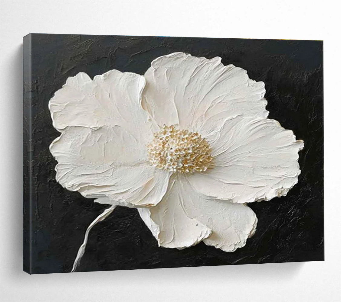 Textured White Flower on Black Background Abstract Painting THY090