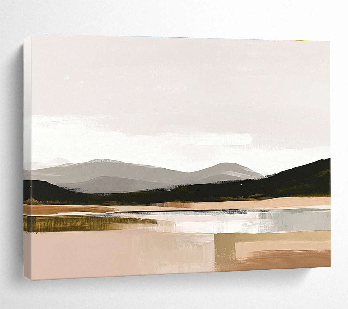 Large abstract painting in muted colors and neutral tones with thick brush strokes inspired by the Scottish Highlands on a beige background.SC081